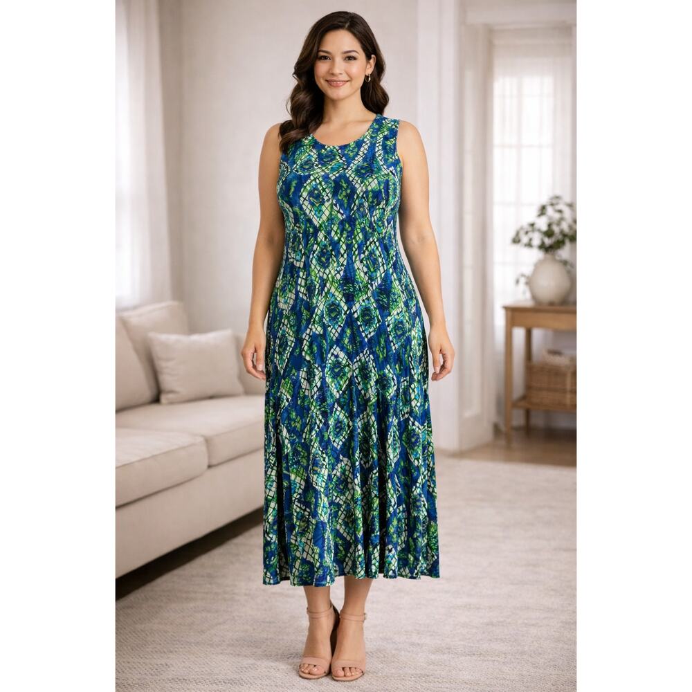 Evan Picone Stretch Midi Dress Sz 10 Blue Green Abstract Pull On Sleeveless